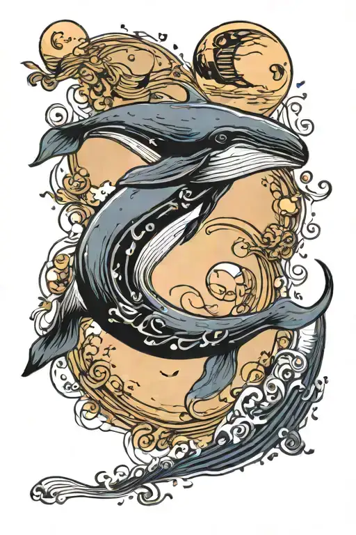 Whale Jumping Out Of The Sea With Moon Surrounded My Music Notes