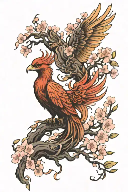 Phoenix Rising From Tree Of Life With Japanese Cherry Blossom