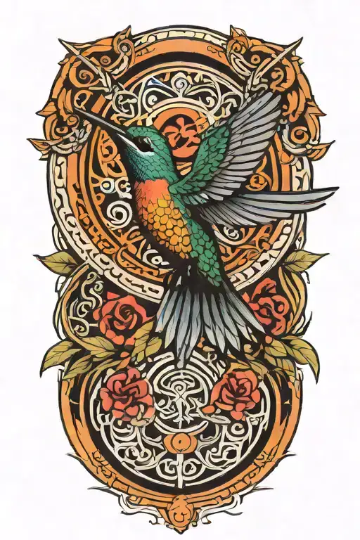 Indigenous Humming Bird Rising Surrounded By Circled By Leters P U R E P E C H A