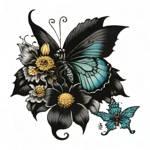Shaded Black Butterfly One Side With August Birth Flower And 2006 Under It