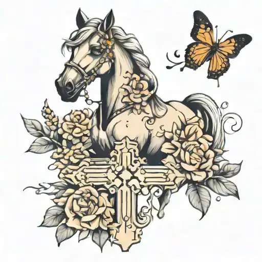 A Cross With Flowers And Horse And Butterflies