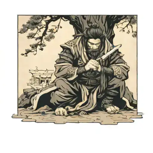 Samurai Kneeling Next To A Tree With His Katana In The Ground