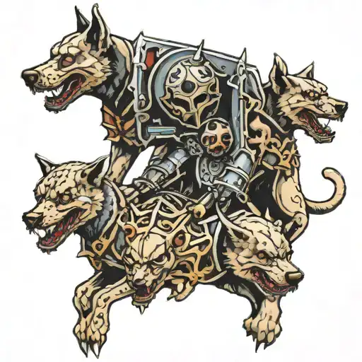 Knight And A Cerberus Dog And 5 Skulls On The Ground
