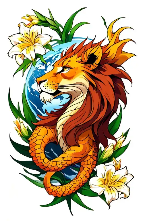 Leo Zodiac Sign Surrounded By Gladiolus Flower And Earth Dragon