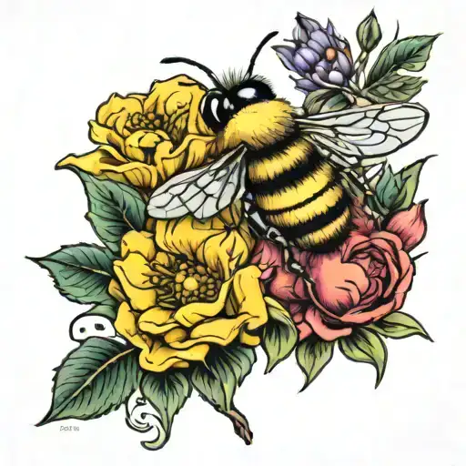 Flowers And Bee Perched