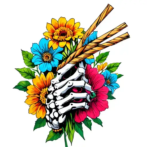 Skeleton Hand Holding Straw With Flowers In The Backround
