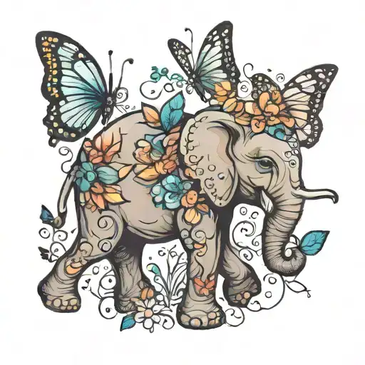 Elephant And Butterflys Flying
