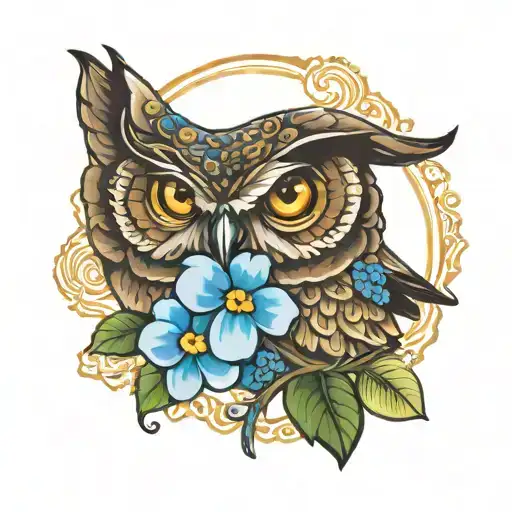 Owl And Coin With A Forget Me Not Flower Blooming