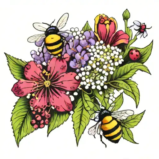 Bouquet Of Violet & Primrose & Lily Of The Valley & Hawthorn Include A Bee And Three Ladybugs