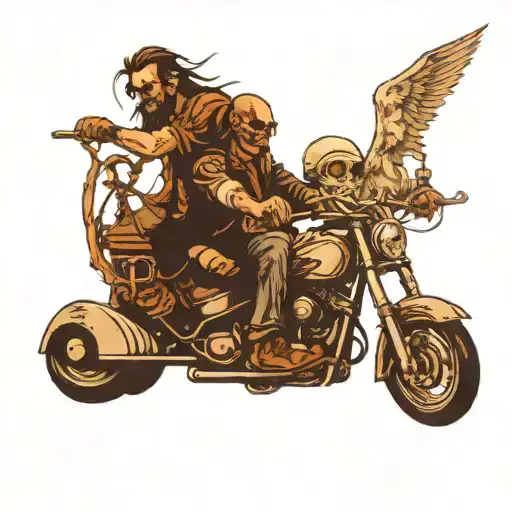 Two Friends On A Motorcycle Riding One In Front Hoing To Heaven The Other One Reaching Hand