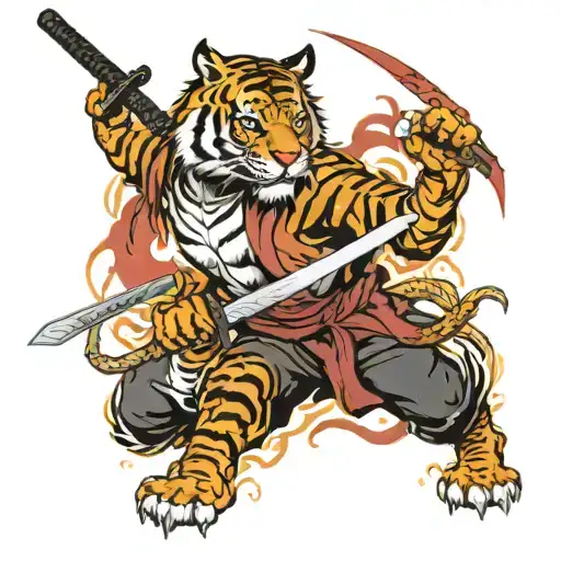 Tigers In Japanese Style With Katana And Dragons And Sun On