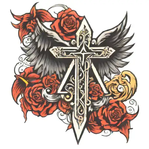 Cross And Star Of David With Wings And Sword Going