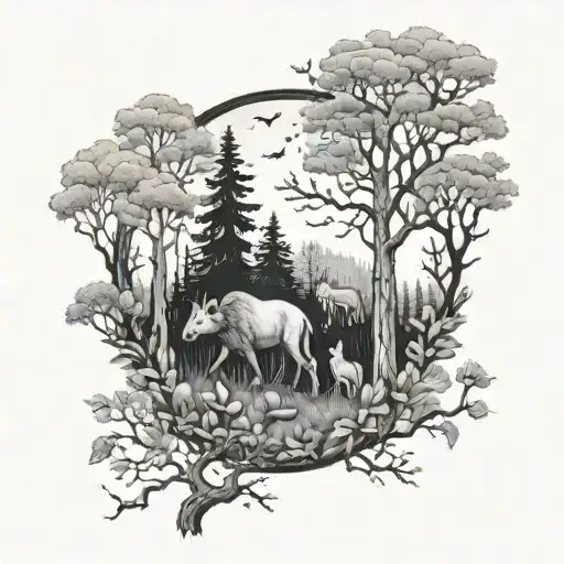 Black And White Realistisc Forest With Animals Looking Up