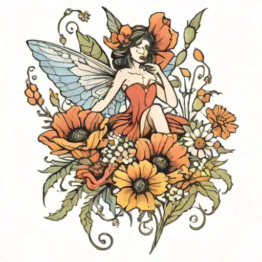 Poppies And Daisies With A Fairy Flying Above