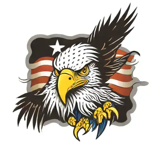 Bald Eagle With American Flag Behind It