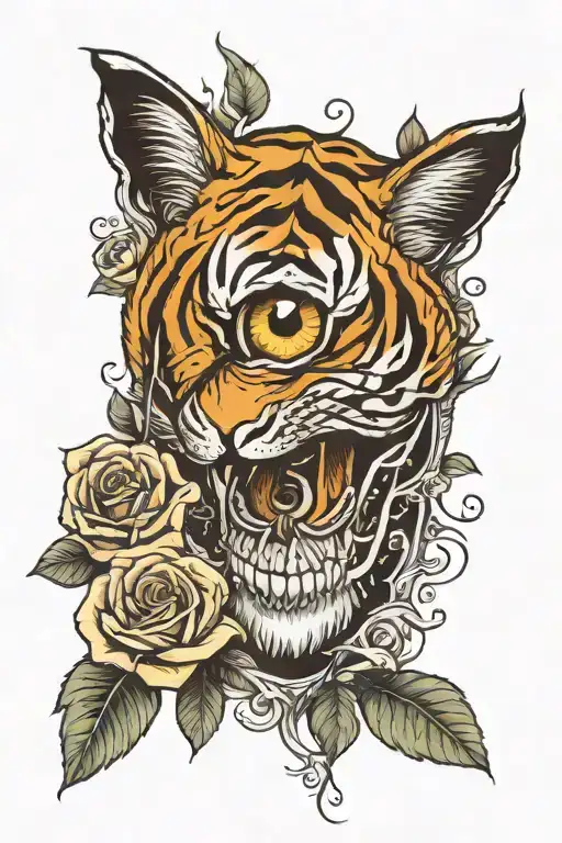 Half Human Eye Half Tiger Eye Surrounded By A Skull And Roses