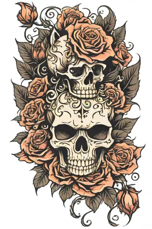 Skull And Roses With A Half Half Human Half Cat Face