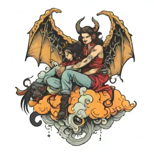 Angek Sitting On A Cloud And A Demon Trying To Reach Her From Below