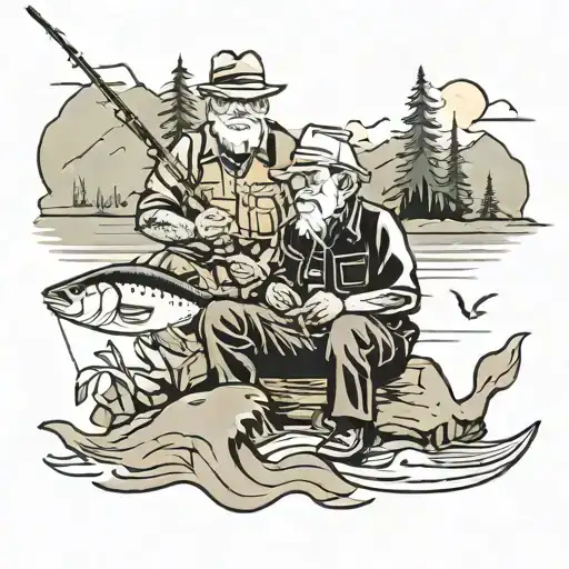 Grandpa And Grandson Fishing Northwest Mountain View