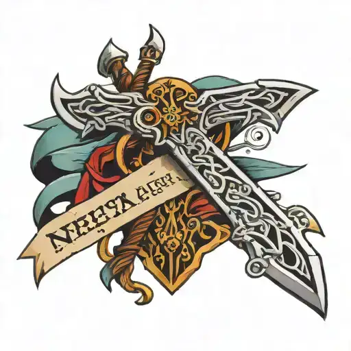 Nesta Acheron Sword With Valkyrie Ribbon Around It That Said The Quote About Rocks Against The Surf