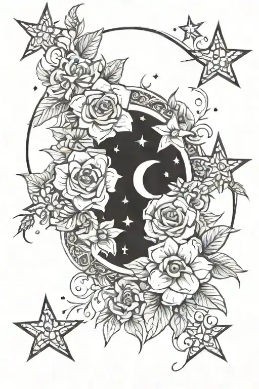 Stars And Moon Into Floral Design