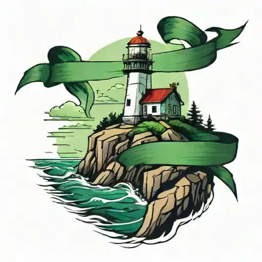 Lighthouse On A Cliff With A Green Ribbon In The Distance