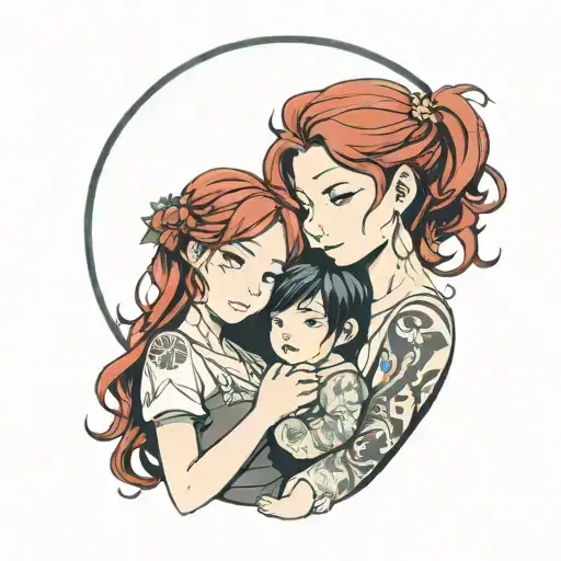 Mother With Red Hair Brunette And Daughter With Black Hair Based On Anime