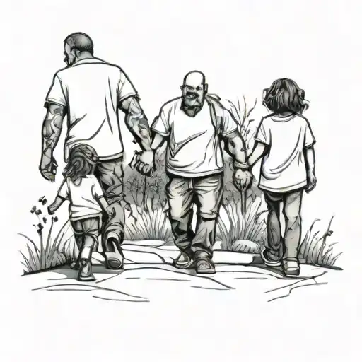 Father Holding Hands With His Daughter And Son Walking