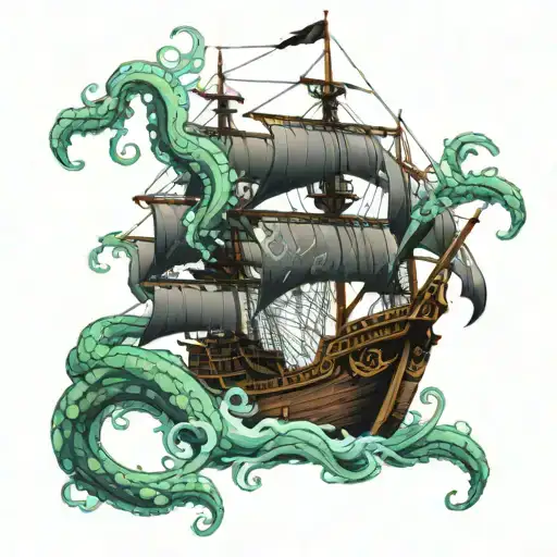 A Pirate Ship Being Attacked By Kraken Tentacles