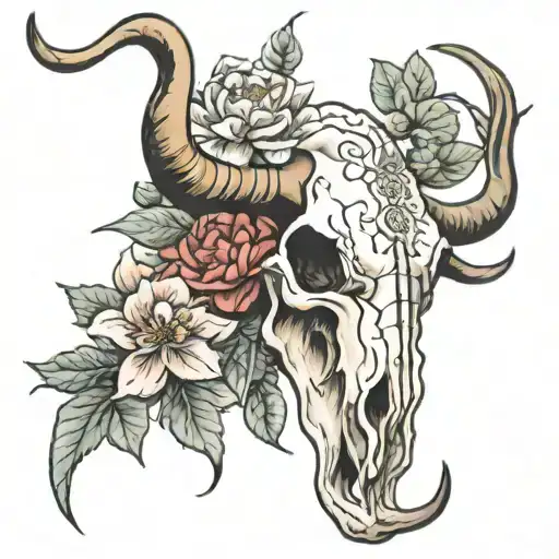 Longhorn Skull With Mountain And Peony