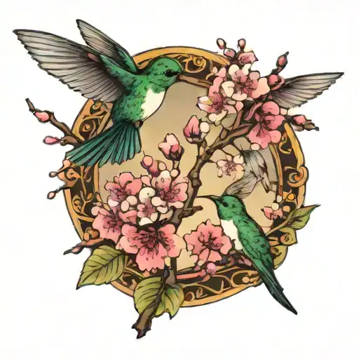 Cherry Tree With Hummingbirds Flying