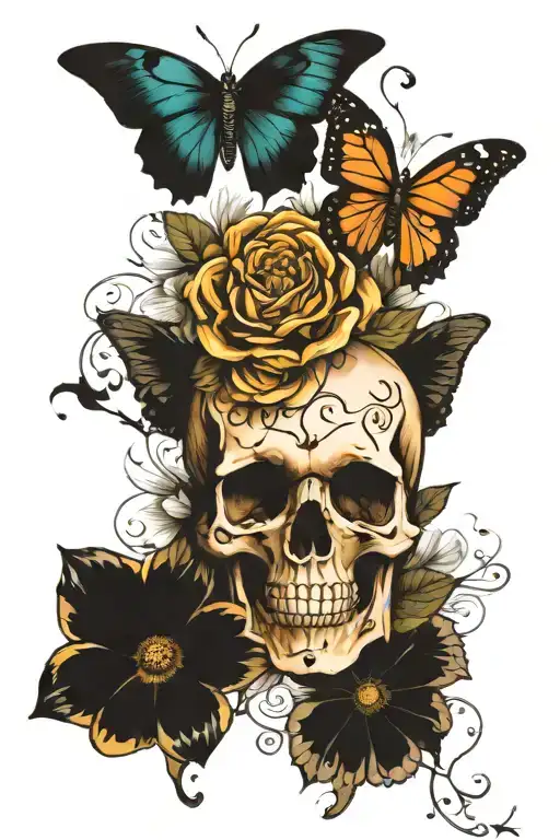 Butterflies Skull Flowers