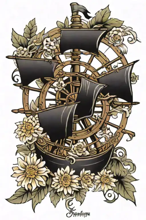 Pirate Ship Wheel And Chrysanthemum Flowers
