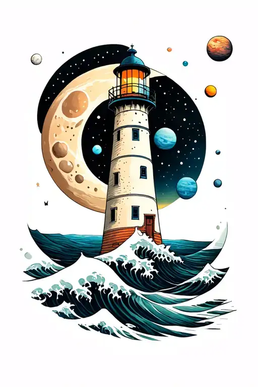 Lighthouse Planets Moon Wave