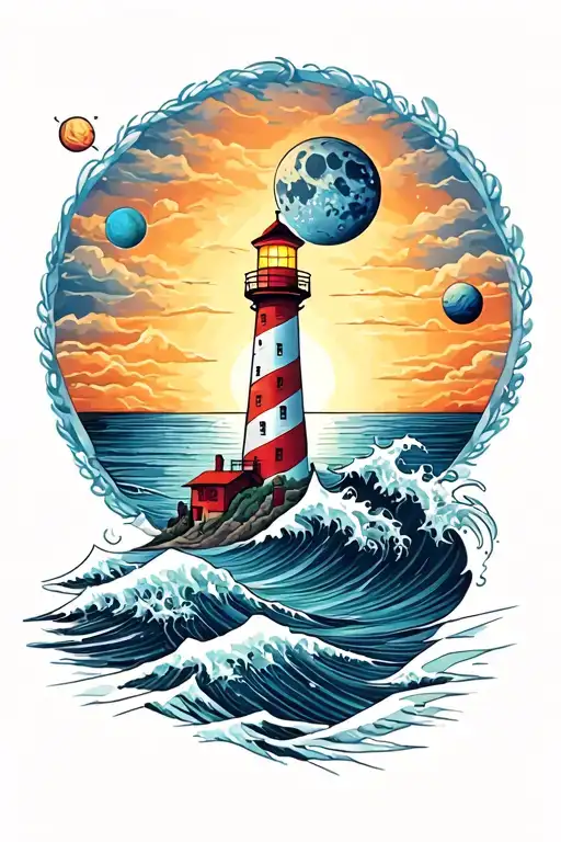 Lighthouse Planets Moon Wave Sunset