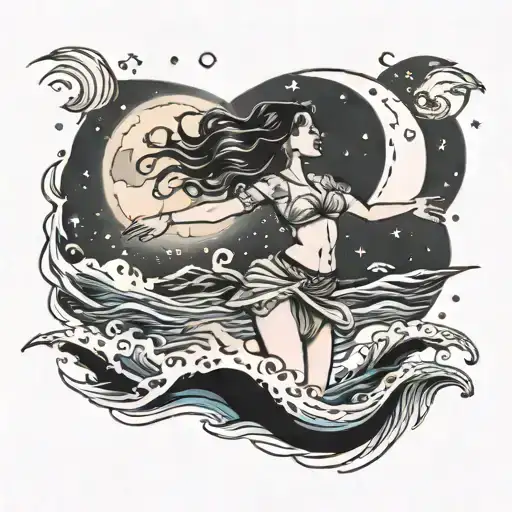 Girl Dancing In The Ocean Under Moon And Stars