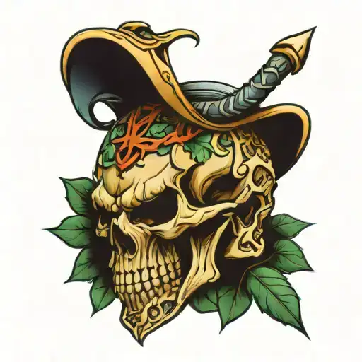 Broken Skull With Snake Wrapped With Dagger