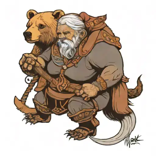 Old Female Viking With Shaves Sides And A Pet Bear