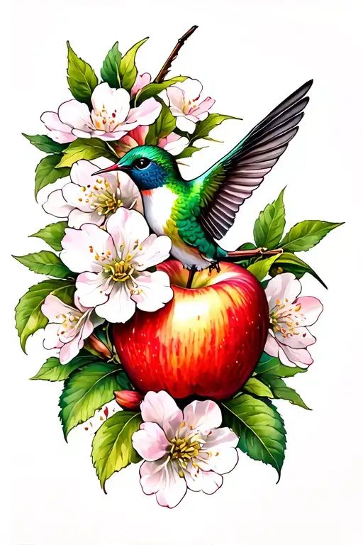 Apple Blossoms With A Hummingbird Flying