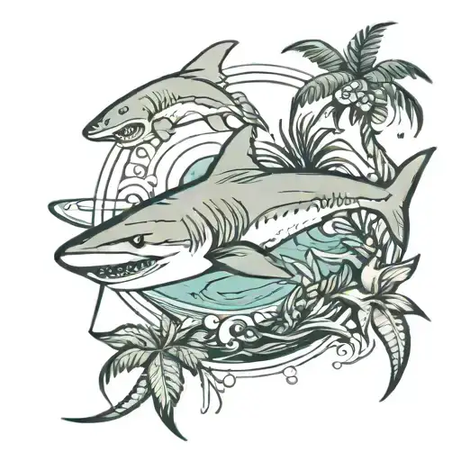 Ocean Waterline Palm Trees Shark Under Water