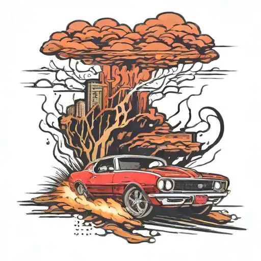 Red Camaro Car Driving On The Road Leading To A Lightning Storm