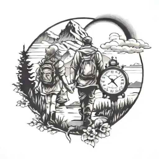 Siloutte Of Father And Two Daughters Walking Toward Mountains With A Compass And Clock