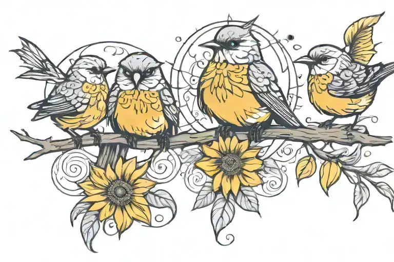 3 Little Birds Perched With Sun Elements Incorporated