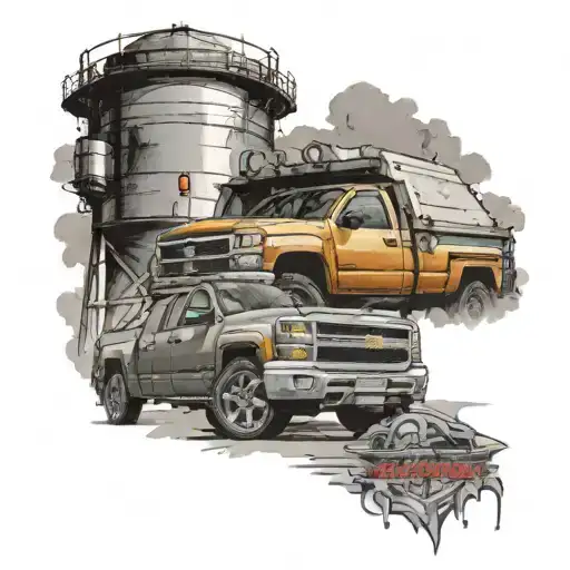 A Water Tower In The Background With A New Chevy Silverado In The Foreground Taken From A Low Angle