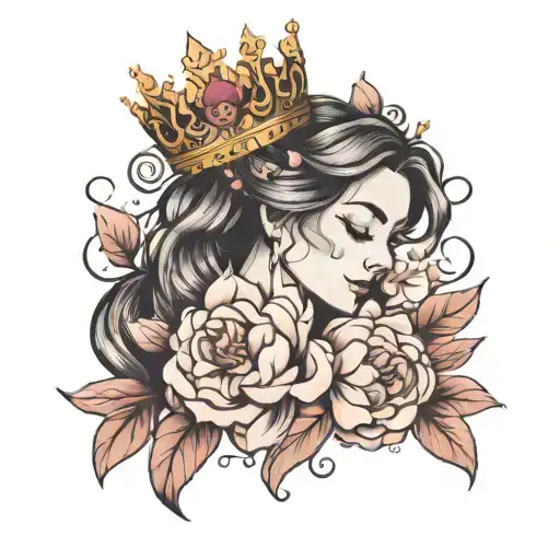 Virgo Tattoo Wearing A Crown Made Of Peonies And Cherry Blossoms