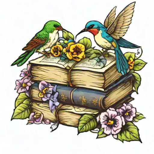 2 Book Stack With Humming Birds And Pansies