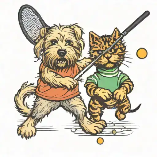 Wheaten Terrier And Tabby Cat Playing Tennis Together