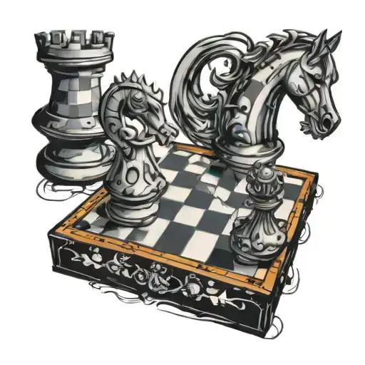 Warped Chess Set That Has A Crack Down It With Some Peices Falling In It