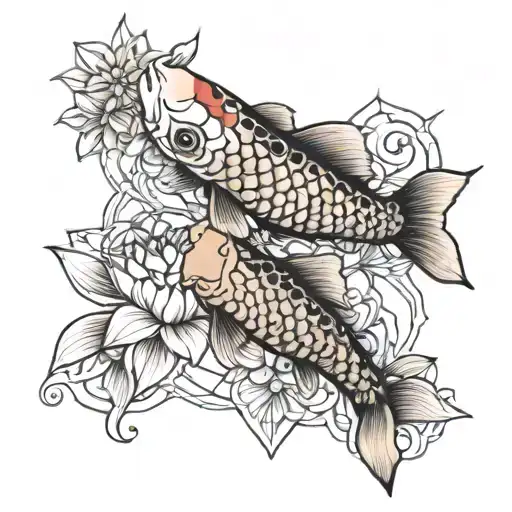 Koi Fish Couple Lotus Flower And Geometry