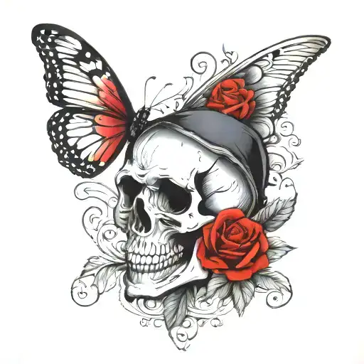 Skull With Rose In Mouth And A Butterfly On The Rose With The Word Amor